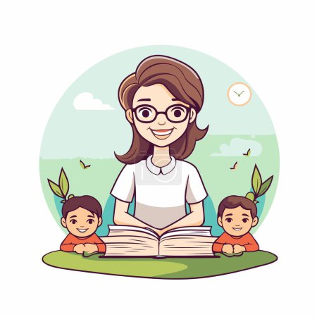 Téléchargez les illustrations : Mère lisant le livre avec ses enfants dans le parc illustration vectorielle conception graphique - en licence libre de droit
