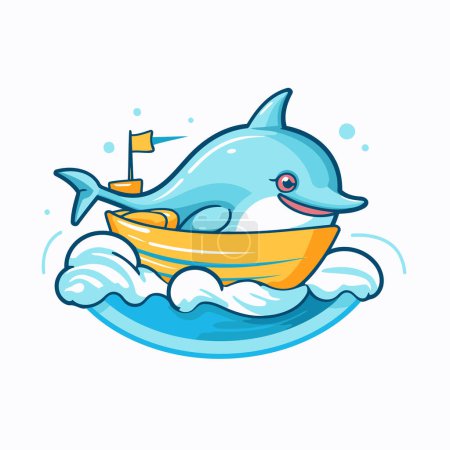 Ilustración de Lindo delfín de dibujos animados en barco. Ilustración vectorial sobre fondo blanco. - Imagen libre de derechos