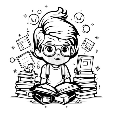 Ilustración de Cute Schoolboy Studying - Ilustración de dibujos animados en blanco y negro. Vector - Imagen libre de derechos
