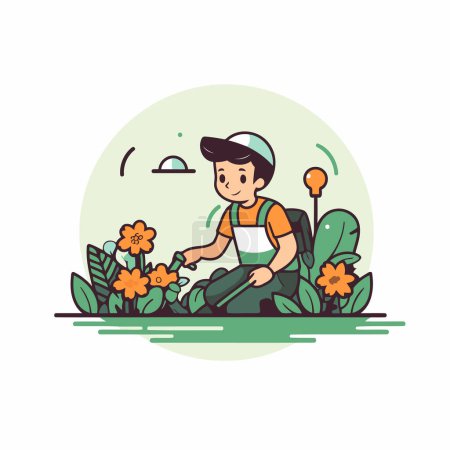 Illustration for Gardener working in the garden. Flat style vector illustration. - Royalty Free Image