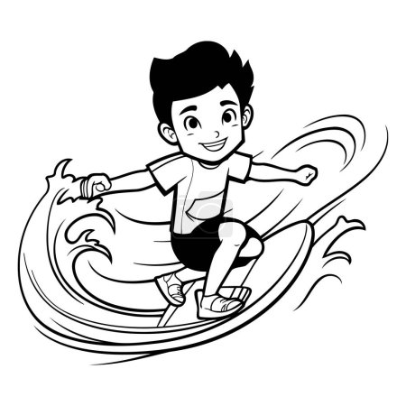 Illustration for Boy riding a surfboard. black and white vector cartoon illustration. - Royalty Free Image