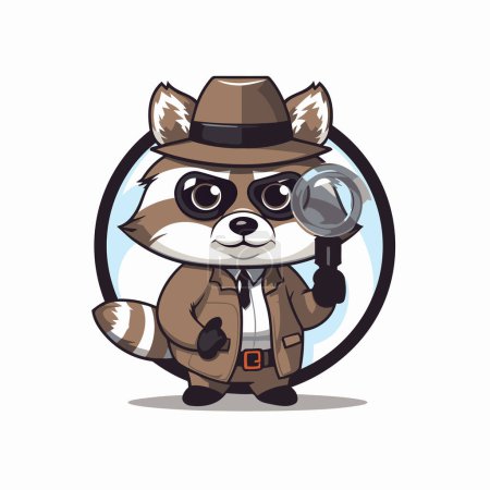 Raccoon detective in hat with magnifying glass. Vector illustration
