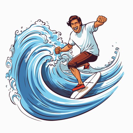 Illustration for Surfer jumping on the wave. Vector illustration of a man surfing on a wave. - Royalty Free Image