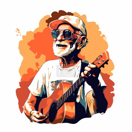 Téléchargez les illustrations : Beau vieil homme jouant de la guitare. Illustration vectorielle dans le style croquis. - en licence libre de droit