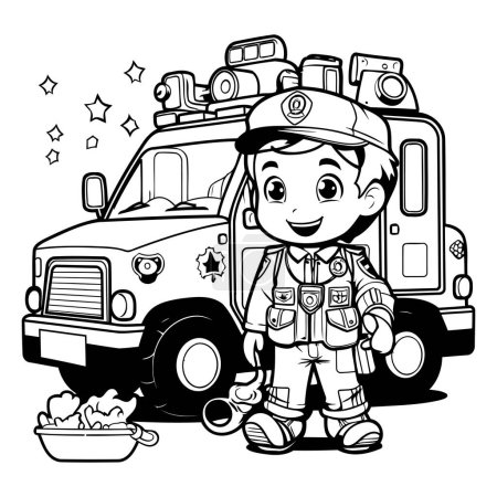 Ilustración de Ilustración de dibujos animados en blanco y negro de un bombero de niño con coche de ambulancia para colorear libro - Imagen libre de derechos