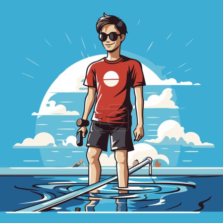 Illustration for Vector illustration of a young man on a paddle board in the sea. - Royalty Free Image