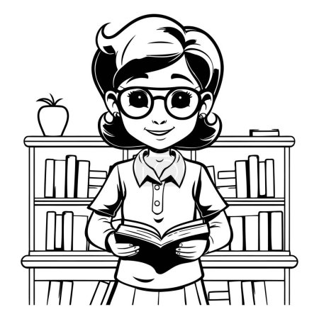 Téléchargez les illustrations : Ecole fille avec des lunettes et des livres dans la bibliothèque dessin animé vectoriel illustration graphisme - en licence libre de droit