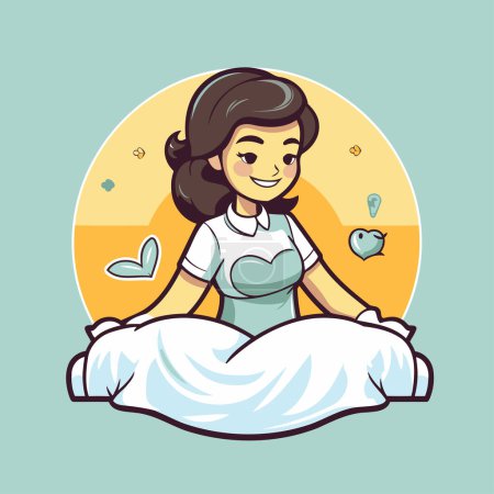 Illustration for Woman in pajamas on the bed. Vector cartoon illustration. - Royalty Free Image