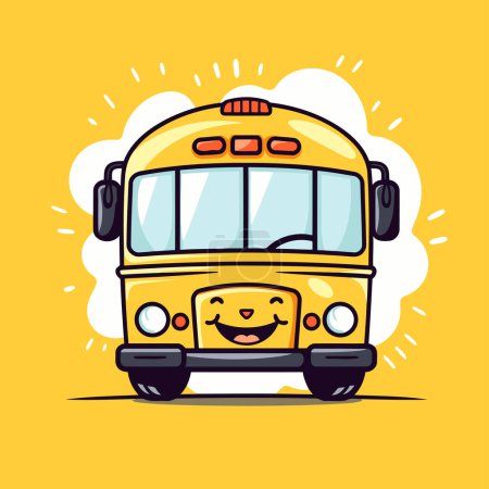 Téléchargez les illustrations : Mignon autobus scolaire jaune avec visage souriant. Illustration vectorielle - en licence libre de droit