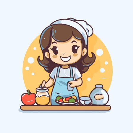Téléchargez les illustrations : Mignon petit chef fille cuisine dans la cuisine. Illustration vectorielle. - en licence libre de droit