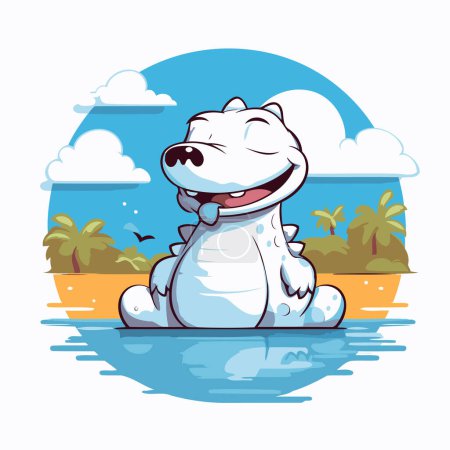 Téléchargez les illustrations : Joli hippopotame assis sur la plage. Illustration vectorielle de bande dessinée. - en licence libre de droit
