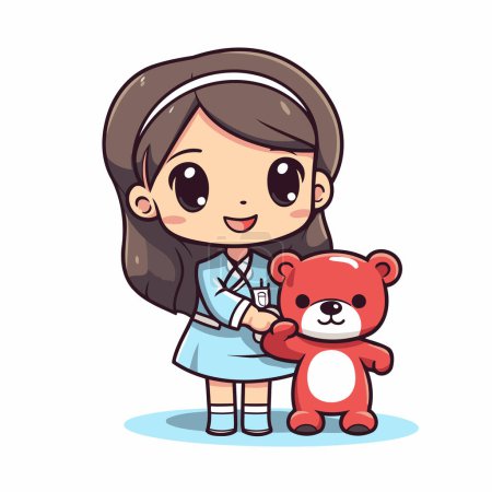 Illustration for Cute little girl with teddy bear cartoon character vector illustration. - Royalty Free Image