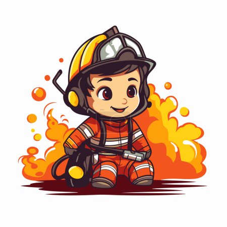 Téléchargez les illustrations : Mignon petit pompier en casque avec tuyau d'incendie. Illustration vectorielle. - en licence libre de droit