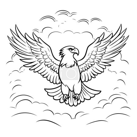Téléchargez les illustrations : Aigle volant dans le ciel. Illustration vectorielle noir et blanc. - en licence libre de droit