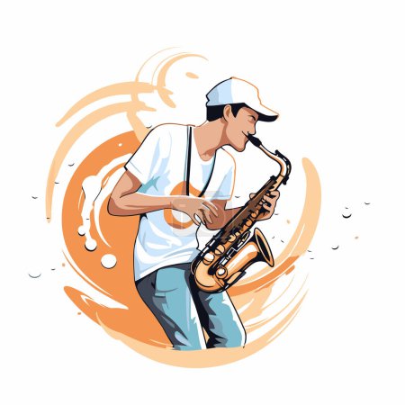 Téléchargez les illustrations : Musicien de jazz jouant du saxophone. Illustration vectorielle dans le style dessin animé - en licence libre de droit