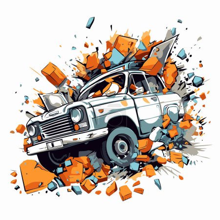 Illustration for Vector illustration of an old car with broken glass. explosion and debris. - Royalty Free Image