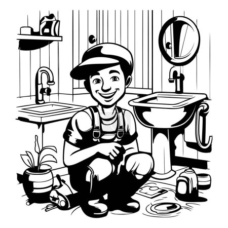 Téléchargez les illustrations : Plombier dans la salle de bain. Illustration vectorielle noir et blanc pour livre à colorier - en licence libre de droit
