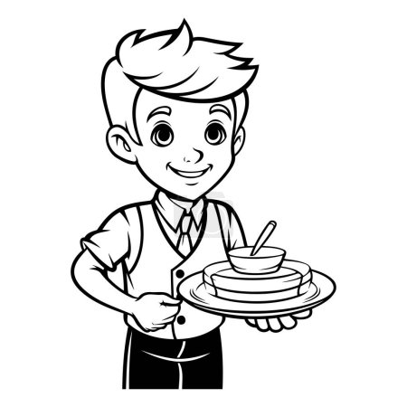 Téléchargez les illustrations : Joli garçon tenant une assiette avec des crêpes. Illustration vectorielle de dessin animé. - en licence libre de droit