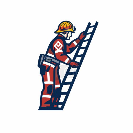 Téléchargez les illustrations : Pompier sur échelle. Illustration vectorielle du pompier au casque debout sur l'échelle. - en licence libre de droit