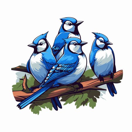 Téléchargez les illustrations : Trois oiseaux bleus assis sur une branche. Illustration vectorielle isolée sur fond blanc. - en licence libre de droit