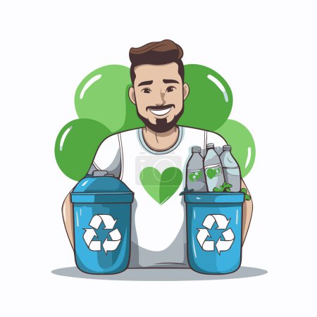 Téléchargez les illustrations : Homme avec poubelle de recyclage. Concept de recyclage. Illustration vectorielle. - en licence libre de droit