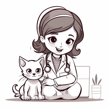 Téléchargez les illustrations : Vétérinaire avec chat. Illustration vectorielle d'un personnage de dessin animé. - en licence libre de droit