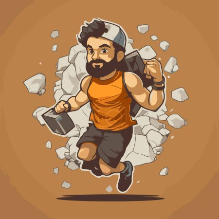 Illustration for Hipster running through a stone wall. Vector cartoon illustration. - Royalty Free Image