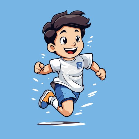 Illustration for Vector illustration of a boy running and jumping isolated on blue background. - Royalty Free Image