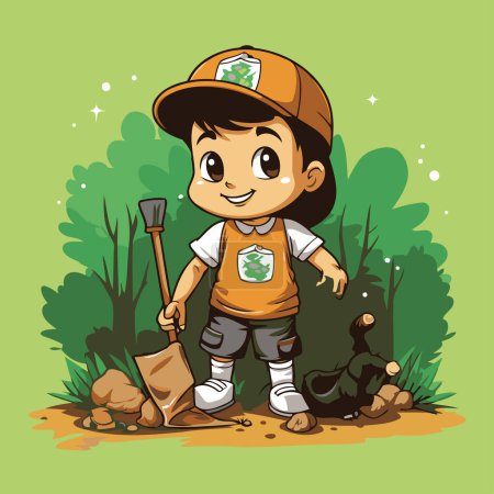 Illustration for Little boy with shovel in the garden. Vector illustration of cartoon character. - Royalty Free Image