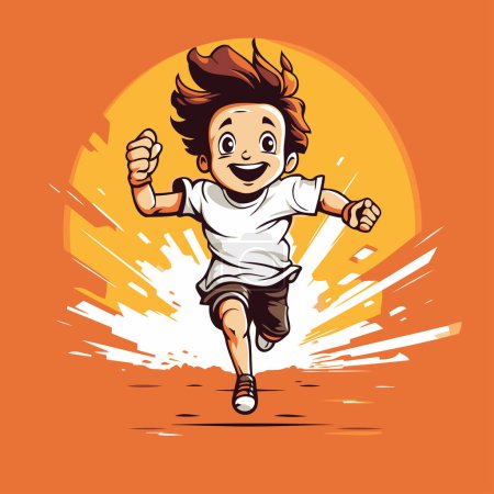 Téléchargez les illustrations : Illustration de bande dessinée d'un garçon heureux courant et sautant. Illustration vectorielle. - en licence libre de droit