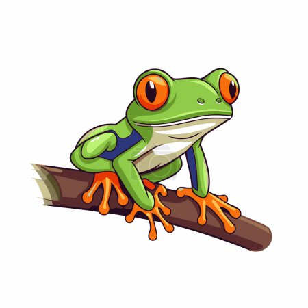 Frog sitting on a branch isolated on white background. Vector illustration.
