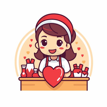Illustration for Cute little girl cartoon character in red christmas hat with red heart on the table - Royalty Free Image
