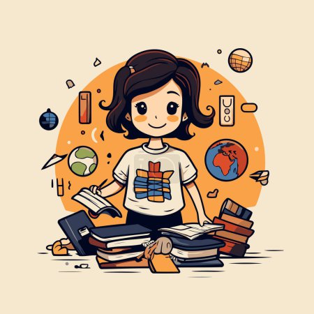 Téléchargez les illustrations : Une fille avec des livres. Illustration vectorielle d'une fille en uniforme scolaire. - en licence libre de droit
