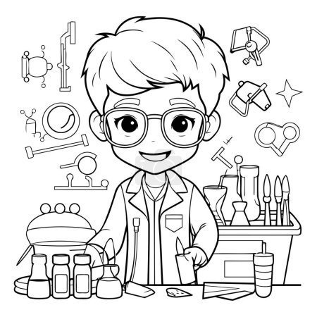 Illustration for Coloring Page Outline Of a Chemist Boy with Tools and Equipment - Royalty Free Image