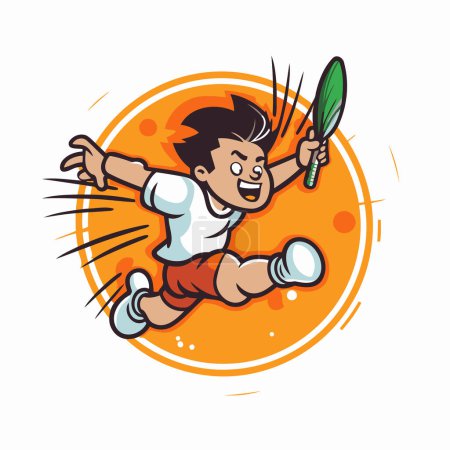 Téléchargez les illustrations : Badminton joueur avec raquette et dessin animé boule vectoriel illustration graphisme - en licence libre de droit