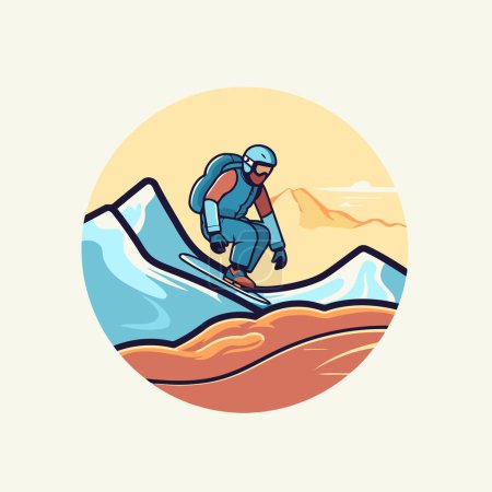 Téléchargez les illustrations : Snowboarder sautant sur snowboard en montagne. Illustration vectorielle dans le style dessin animé - en licence libre de droit