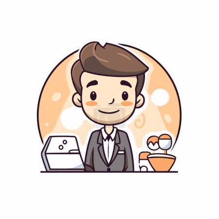 Téléchargez les illustrations : Homme d'affaires travaillant sur un ordinateur portable au bureau. Illustration vectorielle de dessin animé plat. - en licence libre de droit