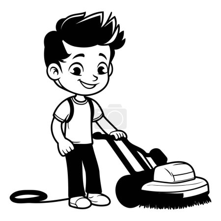Illustration for Cute boy with lawn mower. black and white vector illustration. - Royalty Free Image