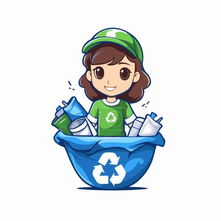 Illustration for Cute girl sorting garbage in a trash can. vector illustration. - Royalty Free Image