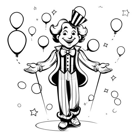 Illustration for Black and White Cartoon Illustration of Clown or Magician Character with Balloons - Royalty Free Image