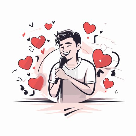 Illustration for Vector illustration of a man singing karaoke with hearts around him. - Royalty Free Image