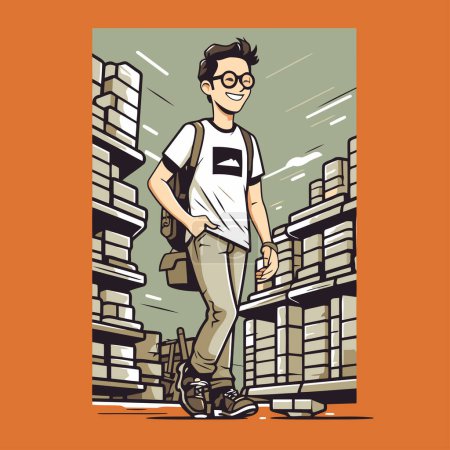 Téléchargez les illustrations : Illustration vectorielle d'un jeune homme avec sac à dos marchant dans la ville. - en licence libre de droit