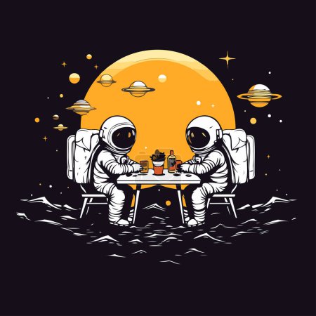 Ilustración de Astronauta sentado en la mesa y comiendo pizza. Ilustración vectorial. - Imagen libre de derechos