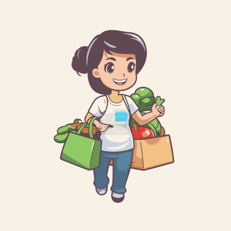 Illustration for Cute little girl holding shopping bags and vegetables. Vector illustration. - Royalty Free Image