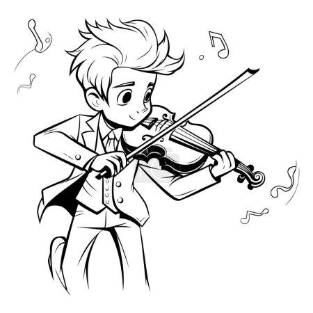 Téléchargez les illustrations : Joli garçon jouant du violon. Illustration vectorielle noir et blanc. - en licence libre de droit