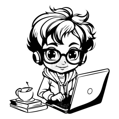 Téléchargez les photos : Fille mignonne avec ordinateur portable - Illustration de bande dessinée noir et blanc. Vecteur - en image libre de droit