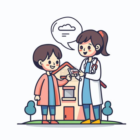 Ilustración de Doctor y paciente con burbuja del habla. Ilustración vectorial en estilo de dibujos animados. - Imagen libre de derechos