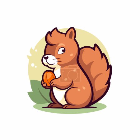Téléchargez les illustrations : Un écureuil tenant un gland. Illustration vectorielle dessin animé mignon. - en licence libre de droit