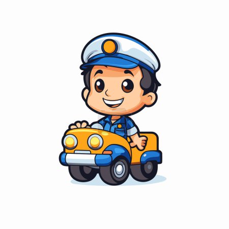 Ilustración de Lindo policía de dibujos animados con un coche de juguete. Ilustración vectorial. - Imagen libre de derechos