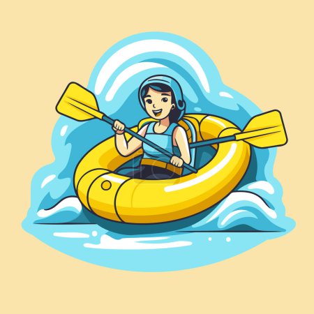 Illustration for Young woman kayaking in the sea. Vector illustration in cartoon style. - Royalty Free Image